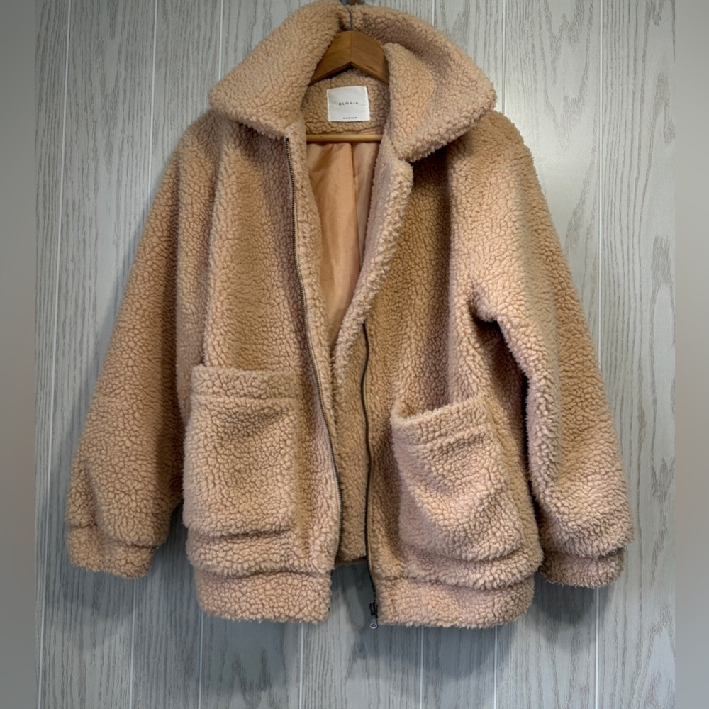 Elodie Camel Sherpa Teddy Zip-Front Jacket Coat